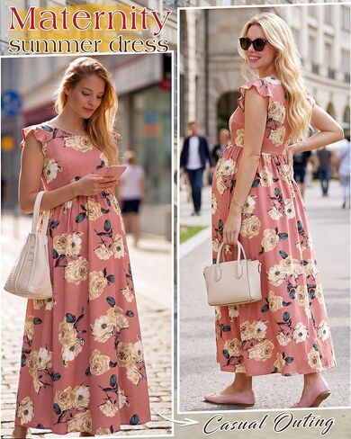 Huukeay Maternity Dress Ruffle Sleeve, Pink, Floral, X-Large | Summer, Pregnancy Clothes, Flowy A-Line, Soft, Breathable, High Waist, Baby Shower, Photoshoot, Beach, Wedding Guest in Saudi Arabia
