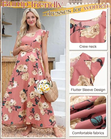 Huukeay Maternity Dress Ruffle Sleeve, Pink, Floral, X-Large | Summer, Pregnancy Clothes, Flowy A-Line, Soft, Breathable, High Waist, Baby Shower, Photoshoot, Beach, Wedding Guest in Saudi Arabia