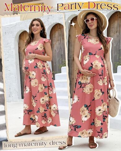Huukeay Maternity Dress Ruffle Sleeve, Pink, Floral, X-Large | Summer, Pregnancy Clothes, Flowy A-Line, Soft, Breathable, High Waist, Baby Shower, Photoshoot, Beach, Wedding Guest in Saudi Arabia