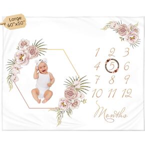 Monthly Baby Milestone Blanket 60"x50" - Elegant Boho Floral Design with Felt Frame - Track Your Baby's Monthly Growth - Perfect Gender Neutral Gift for New Parents - Personalized Baby Blanket in Saudi Arabia