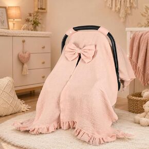 Hooyax Muslin Baby Girl Car Seat Cover – Breathable Summer Car Seat Canopy with Removable Bow & Ruffle, Multi-Functional Stroller Cover & Baby Blanket, Sun Protection, Princess Baby Shower Gift(Pink) in Kuwait