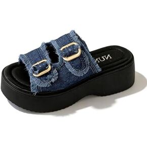 Women's Denim Platform Slide Sandals with Double Buckle Comfortable Round Open Toe Chunky Wedge Heel Y2K Summer Slides for Vacation Beach in Saudi Arabia