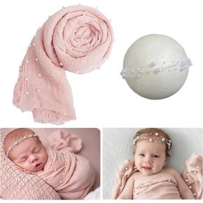 Pearl Wrap and Headband Newborn Photography Props Set, Pink | Cotton-Polyester Blend, Skin-friendly and Durable, Soft and Elastic, Pearl Accessories, Free Collocation in Saudi Arabia