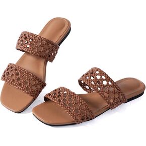 Mtzyoa Women Flat Sandals Summer Hollow Braided Double Strap Beach Slides Vacation Bohemian Breathable Casual Dressy Square Toe for Everyday Essentials in Kuwait