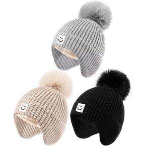 3 Pack Baby Winter Hats with Earflaps, 2 Size Kids Pompom Beanie for Toddler Children, Smiley Face Hat for Girls Boys in Saudi Arabia