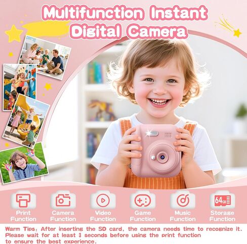 Kids Camera Instant Print, Toddler Toys, Portable Digital Camera 64GB SD Card, Kid Toy for Ages 3-12 Girl, Pink &10 Rolls Instant Print Refill Paper Set in Kuwait