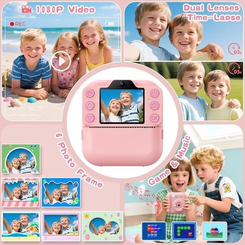 Kids Camera Instant Print, Toddler Toys, Portable Digital Camera 64GB SD Card, Kid Toy for Ages 3-12 Girl, Pink &10 Rolls Instant Print Refill Paper Set in Kuwait