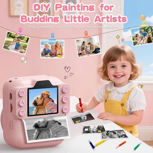 Kids Camera Instant Print, Toddler Toys, Portable Digital Camera 64GB SD Card, Kid Toy for Ages 3-12 Girl, Pink &10 Rolls Instant Print Refill Paper Set in Kuwait