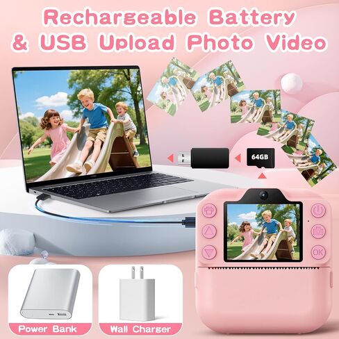 Kids Camera Instant Print, Toddler Toys, Portable Digital Camera 64GB SD Card, Kid Toy for Ages 3-12 Girl, Pink &10 Rolls Instant Print Refill Paper Set in Kuwait