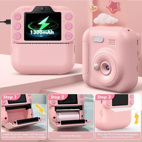 Kids Camera Instant Print, Toddler Toys, Portable Digital Camera 64GB SD Card, Kid Toy for Ages 3-12 Girl, Pink &10 Rolls Instant Print Refill Paper Set in Kuwait