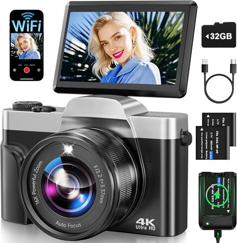 4K Digital Camera for Photography with WiFi 64MP Auto-Focus Vlogging Camera for YouTube Video 3'' 180° Flip Screen 4K Cameras 16X Zoom Anti-Shake Compact Point and Shoot Cameras with SD Card in Kuwait