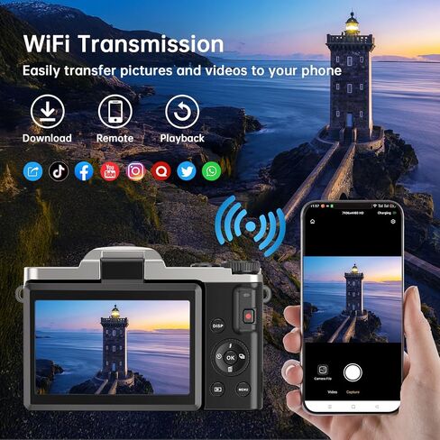 4K Digital Camera for Photography with WiFi 64MP Auto-Focus Vlogging Camera for YouTube Video 3'' 180° Flip Screen 4K Cameras 16X Zoom Anti-Shake Compact Point and Shoot Cameras with SD Card in Kuwait