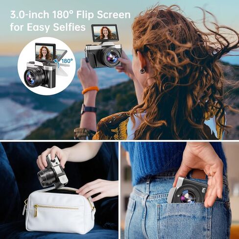 4K Digital Camera for Photography with WiFi 64MP Auto-Focus Vlogging Camera for YouTube Video 3'' 180° Flip Screen 4K Cameras 16X Zoom Anti-Shake Compact Point and Shoot Cameras with SD Card in Kuwait