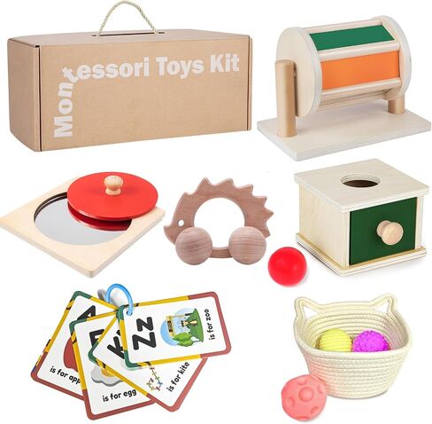 Montessori Toys for Babies 0-6 Months, 6 in 1 Learning Educational Set for Newborn, Toddlers Gifts Includes Spinning Drum, Object Permanence Box, Baby Roller Tummy Time Mirror and More in Saudi Arabia