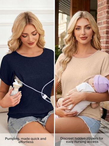 Ecavus 3 Pack Women's Nursing Shirts for Breastfeeding with Hidden Zipper | short sleeve,discreet nursing access,pumping friendly,ribbed knit fabric,stretchy,breathable,daily casual,office wear in Kuwait