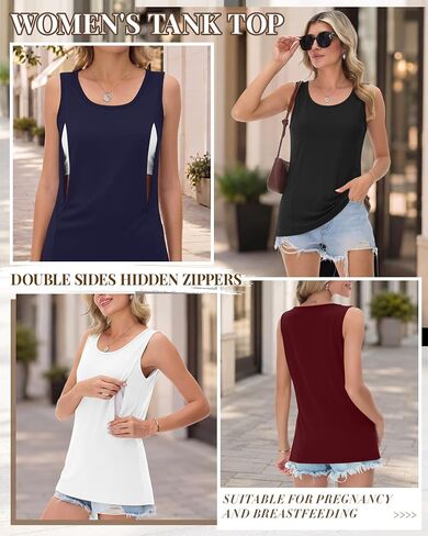 4 Pack Women's Nursing Tank Tops, 4-Color, Large | Breastfeeding Sleeveless Shirts, Hidden Zippers, Scoop Neck, Loose Maternity Tops, Postpartum Tees, Summer Pumping Outfits in Saudi Arabia