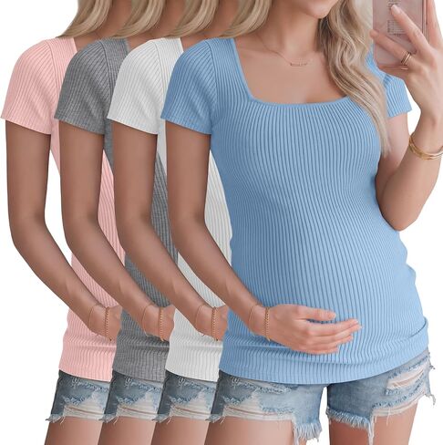 Ficerd 4 Pack Women's Maternity Shirts | Ribbed, Pregnancy Tops, Short Sleeve, Square Neck, Tee, Summer, Basic, Casual, Clothes, Work, Daily Wear in Kuwait