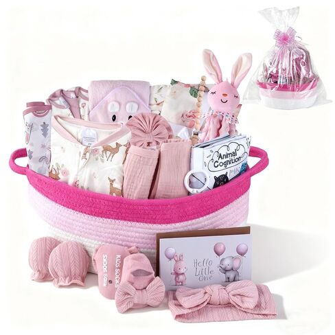22-Pcs Baby Gift Basket Set, 0-12M Baby Shower Gifts | Premium Baby Shower Gifts: Newborn Gift Sets in Woven Basket with Balloon & Bow, Ultimate Welcome Baby Package, Blue in Kuwait