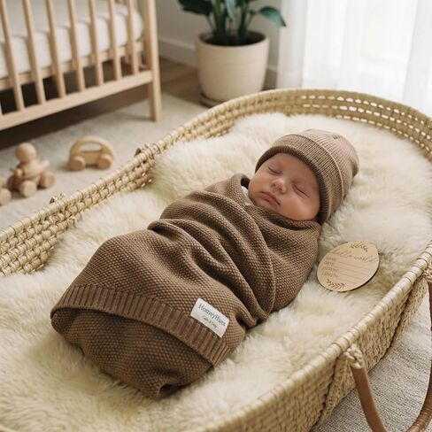 Newborn Baby Gift Set, Cotton Knit Blanket & Matching Beanie for Boys Girls | 100% Cotton Comfort | Boutique Gift Ready | Breathable Knit | 30x40 Inch Blanket | 0-6 Months Fit | Easy Care in Kuwait