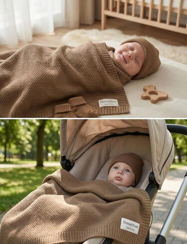 Newborn Baby Gift Set, Cotton Knit Blanket & Matching Beanie for Boys Girls | 100% Cotton Comfort | Boutique Gift Ready | Breathable Knit | 30x40 Inch Blanket | 0-6 Months Fit | Easy Care in Kuwait