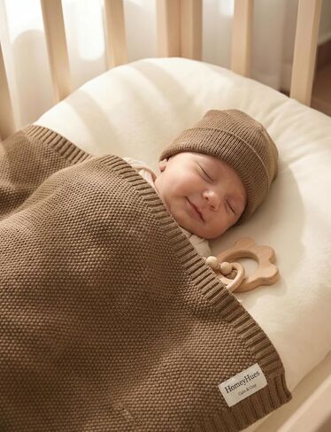 Newborn Baby Gift Set, Cotton Knit Blanket & Matching Beanie for Boys Girls | 100% Cotton Comfort | Boutique Gift Ready | Breathable Knit | 30x40 Inch Blanket | 0-6 Months Fit | Easy Care in Kuwait