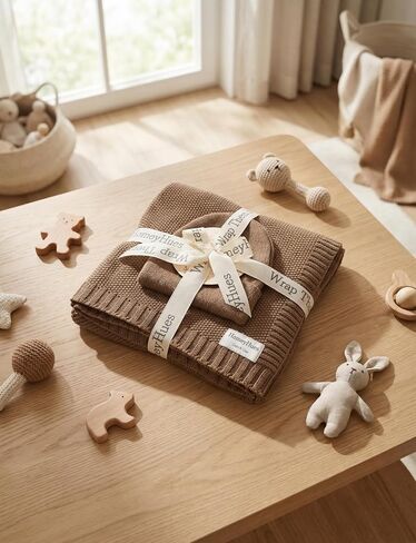 Newborn Baby Gift Set, Cotton Knit Blanket & Matching Beanie for Boys Girls | 100% Cotton Comfort | Boutique Gift Ready | Breathable Knit | 30x40 Inch Blanket | 0-6 Months Fit | Easy Care in Kuwait