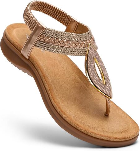 Littleplum Womens Bohemian Flat Sandals Comfortable Elastic Ankle Strap & Non Slip Walking Shoes With Arch Support For Summer Casual Vacation Elegance Champagne Size 9.5 in Saudi Arabia