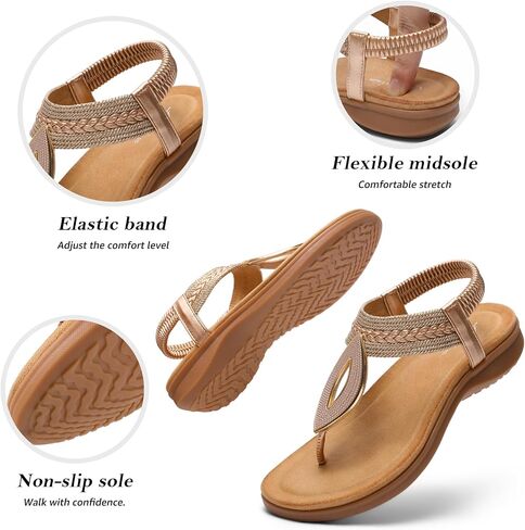 Littleplum Womens Bohemian Flat Sandals Comfortable Elastic Ankle Strap & Non Slip Walking Shoes With Arch Support For Summer Casual Vacation Elegance Champagne Size 9.5 in Saudi Arabia
