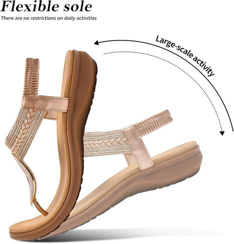 Littleplum Womens Bohemian Flat Sandals Comfortable Elastic Ankle Strap & Non Slip Walking Shoes With Arch Support For Summer Casual Vacation Elegance Champagne Size 9.5 in Saudi Arabia
