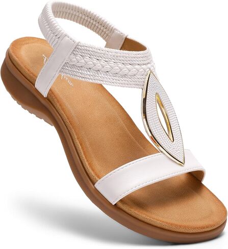 Littleplum Womens Bohemian Flat Sandals Comfortable Elastic Ankle Strap & Non Slip Walking Shoes With Arch Support For Summer Casual Vacation Casual White Size 7 in Saudi Arabia