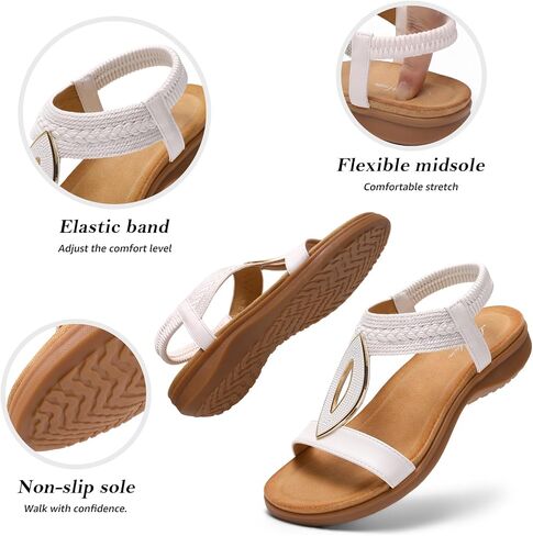 Littleplum Womens Bohemian Flat Sandals Comfortable Elastic Ankle Strap & Non Slip Walking Shoes With Arch Support For Summer Casual Vacation Casual White Size 7 in Saudi Arabia