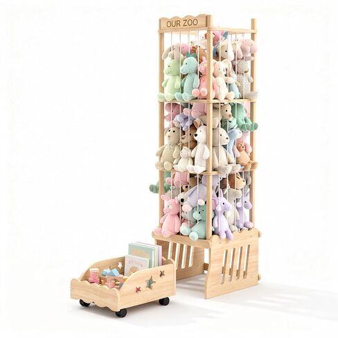Stuffed Animal Storage Tower, Wooden Zoo Toy Organizer with Rolling Drawer | Solid pine wood. Lockable rolling drawer doubles as ride-on seat. Tall narrow fits small space for nursery playroom bedroom in Kuwait