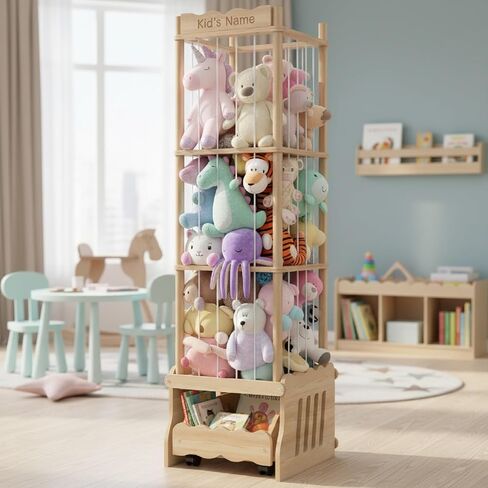 Stuffed Animal Storage Tower, Wooden Zoo Toy Organizer with Rolling Drawer | Solid pine wood. Lockable rolling drawer doubles as ride-on seat. Tall narrow fits small space for nursery playroom bedroom in Kuwait