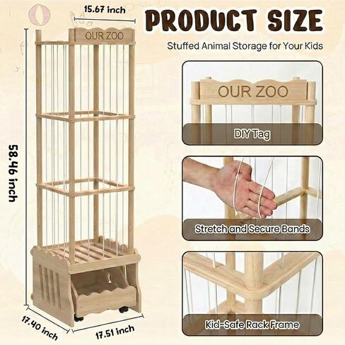 Stuffed Animal Storage Tower, Wooden Zoo Toy Organizer with Rolling Drawer | Solid pine wood. Lockable rolling drawer doubles as ride-on seat. Tall narrow fits small space for nursery playroom bedroom in Kuwait