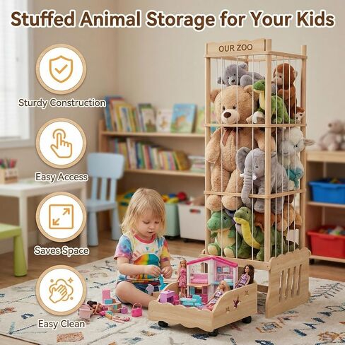 Stuffed Animal Storage Tower, Wooden Zoo Toy Organizer with Rolling Drawer | Solid pine wood. Lockable rolling drawer doubles as ride-on seat. Tall narrow fits small space for nursery playroom bedroom in Kuwait