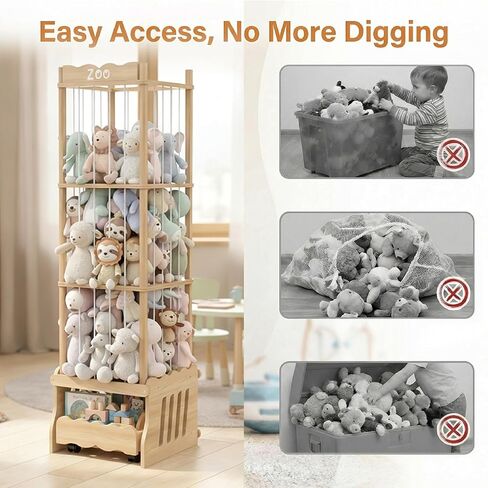 Stuffed Animal Storage Tower, Wooden Zoo Toy Organizer with Rolling Drawer | Solid pine wood. Lockable rolling drawer doubles as ride-on seat. Tall narrow fits small space for nursery playroom bedroom in Kuwait