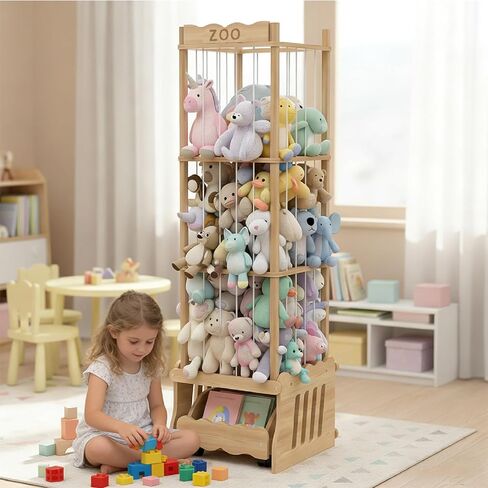 Stuffed Animal Storage Tower, Wooden Zoo Toy Organizer with Rolling Drawer | Solid pine wood. Lockable rolling drawer doubles as ride-on seat. Tall narrow fits small space for nursery playroom bedroom in Kuwait