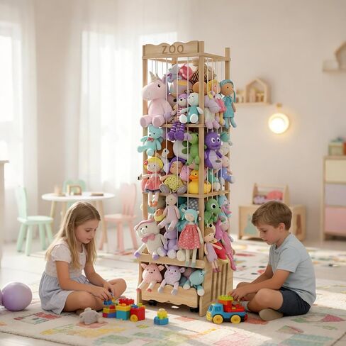 Stuffed Animal Storage Tower, Wooden Zoo Toy Organizer with Rolling Drawer | Solid pine wood. Lockable rolling drawer doubles as ride-on seat. Tall narrow fits small space for nursery playroom bedroom in Kuwait