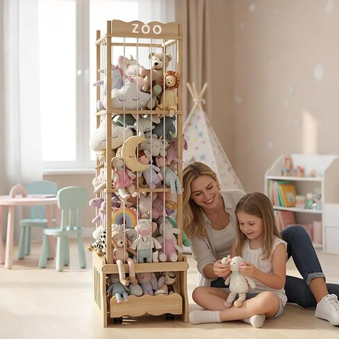 Stuffed Animal Storage Tower, Wooden Zoo Toy Organizer with Rolling Drawer | Solid pine wood. Lockable rolling drawer doubles as ride-on seat. Tall narrow fits small space for nursery playroom bedroom in Kuwait
