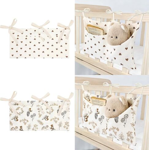 Cinaci 2pcs Cotton Pram Stroller Caddy Baby Crib Hanging Organizers Storage Pockets Nappy Diaper Bags Bedside Pockets for Milk Bottle/Soothing Toys/Wipes (Ivory Heart+Ivory Floral Set) in Saudi Arabia