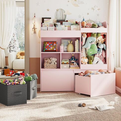 42.9'' Toy Storage, Large Stuffed Animal Holder with Toy Chest and Play Mat, Toy Organizer with Kids Bookshelf, Wooden Organization with 2 Movable Drawers for Kids Room Bedroom Playroom,White in Kuwait