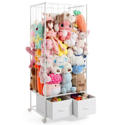 Large Stuffed Animal Storage, Metal Stuffed Animal Zoo Easy Side Access | Open Side Bungee for Easy Toy Access, 2 Storage Drawers, Smooth-Rolling Casters, Ideal for Teddy Bear Storage in Any Room in Kuwait