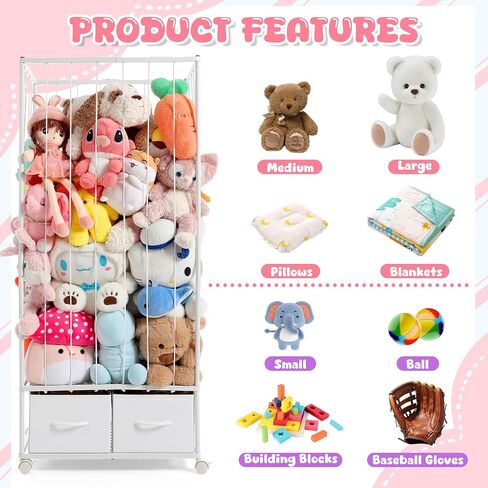 Large Stuffed Animal Storage, Metal Stuffed Animal Zoo Easy Side Access | Open Side Bungee for Easy Toy Access, 2 Storage Drawers, Smooth-Rolling Casters, Ideal for Teddy Bear Storage in Any Room in Kuwait