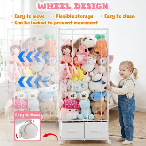 Large Stuffed Animal Storage, Metal Stuffed Animal Zoo Easy Side Access | Open Side Bungee for Easy Toy Access, 2 Storage Drawers, Smooth-Rolling Casters, Ideal for Teddy Bear Storage in Any Room in Kuwait