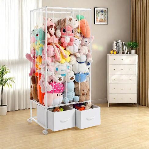 Large Stuffed Animal Storage, Metal Stuffed Animal Zoo Easy Side Access | Open Side Bungee for Easy Toy Access, 2 Storage Drawers, Smooth-Rolling Casters, Ideal for Teddy Bear Storage in Any Room in Kuwait