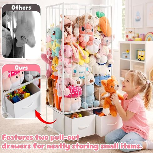 Large Stuffed Animal Storage, Metal Stuffed Animal Zoo Easy Side Access | Open Side Bungee for Easy Toy Access, 2 Storage Drawers, Smooth-Rolling Casters, Ideal for Teddy Bear Storage in Any Room in Kuwait