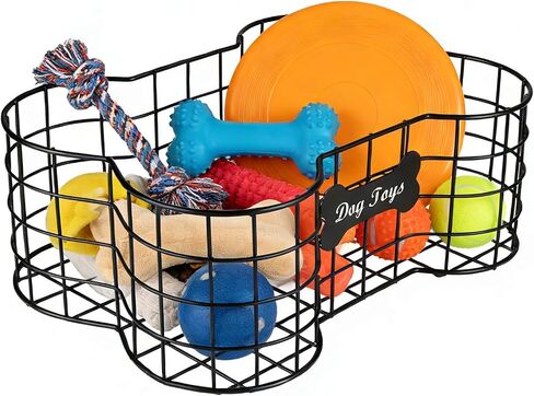 Metal Dog Toy Basket,Iron Wire Dog Toy Bin,Dog Bone Shaped Basket,Puppy Toy Stuff Organizer,Sturdy Dog Storage for Dog Toys,Harness,Leash,Blanket,Snacks,Accessories-Black in Kuwait