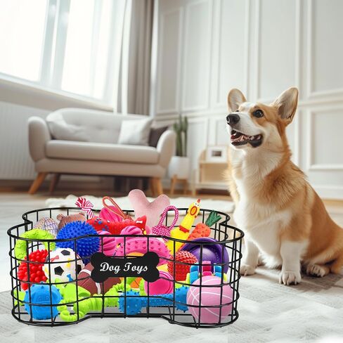 Metal Dog Toy Basket,Iron Wire Dog Toy Bin,Dog Bone Shaped Basket,Puppy Toy Stuff Organizer,Sturdy Dog Storage for Dog Toys,Harness,Leash,Blanket,Snacks,Accessories-Black in Kuwait