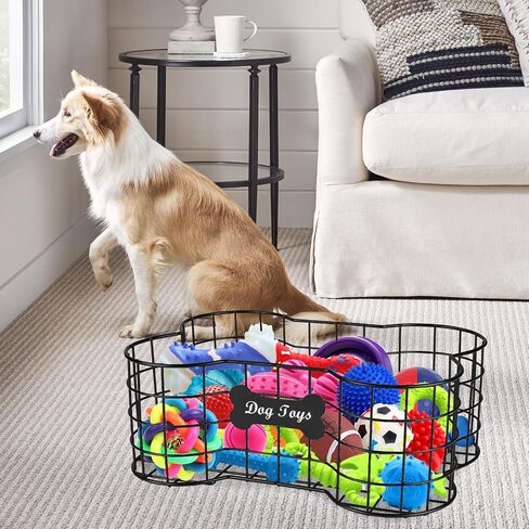 Metal Dog Toy Basket,Iron Wire Dog Toy Bin,Dog Bone Shaped Basket,Puppy Toy Stuff Organizer,Sturdy Dog Storage for Dog Toys,Harness,Leash,Blanket,Snacks,Accessories-Black in Kuwait