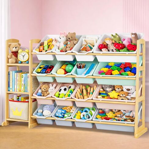 Kids Toy Storage Organizer with Bookshelf – Wooden Shelf with 16 Bins & 3 Shelves, Quick Assembly Storage Rack for Playroom, Bedroom, Nursery– Colorful in Kuwait